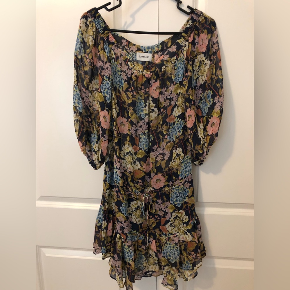 Sam & Lavi 100% silk off shoulder floral ruffle dress size small